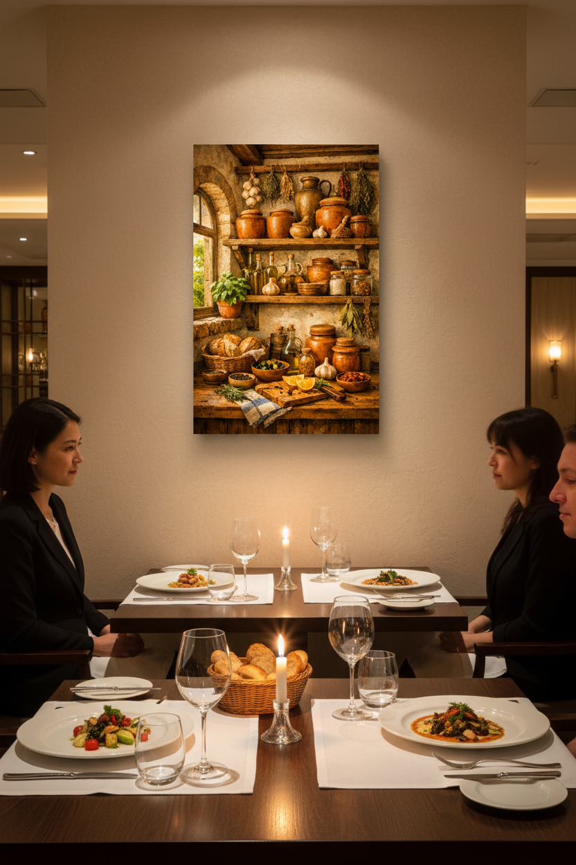 Mediterranean rustic kitchen pantry still life canvas wall art displayed in an upscale restaurant dining room - Portugal Canvas Co
