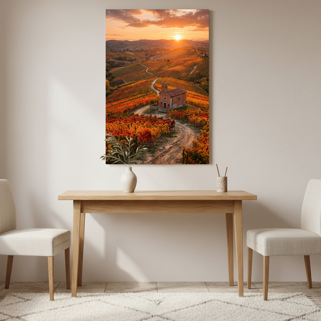 Mediterranean vineyard sunset golden countryside landscape canvas wall art displayed in dining room interior - Portugal Canvas Co