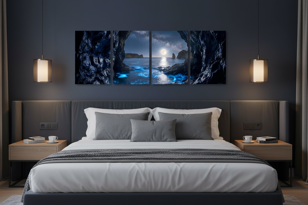 Moonlit sea cave four-panel canvas art displayed above a king bed in a luxury boutique hotel bedroom - Portugal Canvas Co