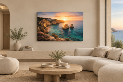 Praia da Marinha golden cliffs and turquoise sea canvas in elegant coastal living room - Portugal Canvas Co