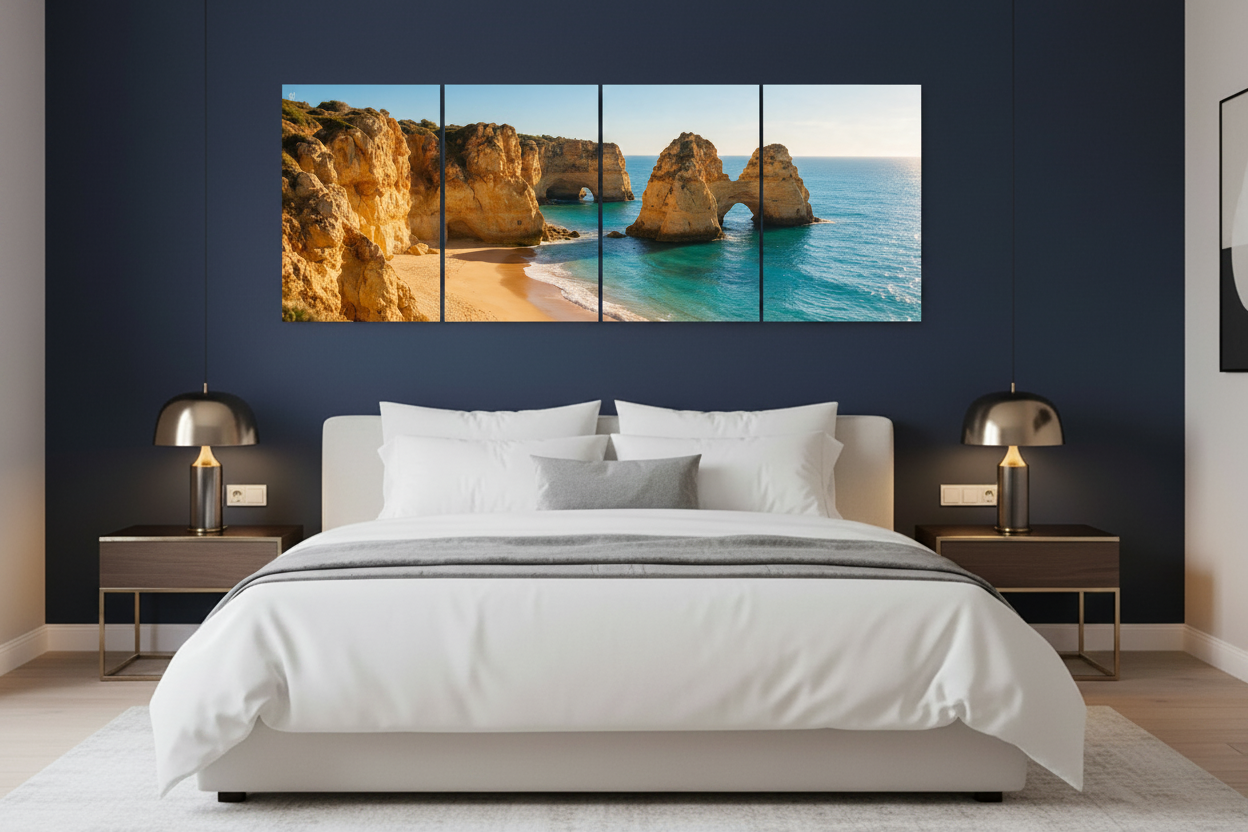 Four-panel Old Town Albufeira canvas wall art above a bed in a modern bedroom - Portugal Canvas Co