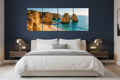 Four-panel Old Town Albufeira canvas wall art above a bed in a modern bedroom - Portugal Canvas Co