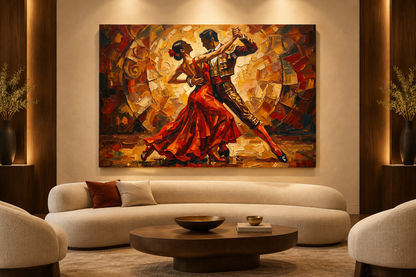 Expressive dancing couple canvas displayed in a luxury boutique hotel lounge - Portugal Canvas Co