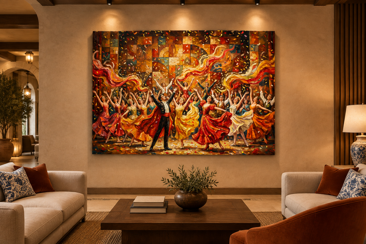 Colourful dance celebration canvas displayed in an upscale boutique hotel lobby - Portugal Canvas Co