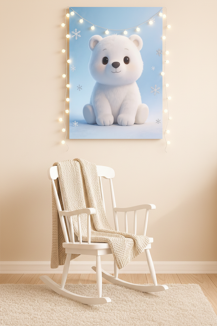Cute polar bear nursery canvas wall art above a rocking chair in a cozy nursery reading nook - Portugal Canvas Co