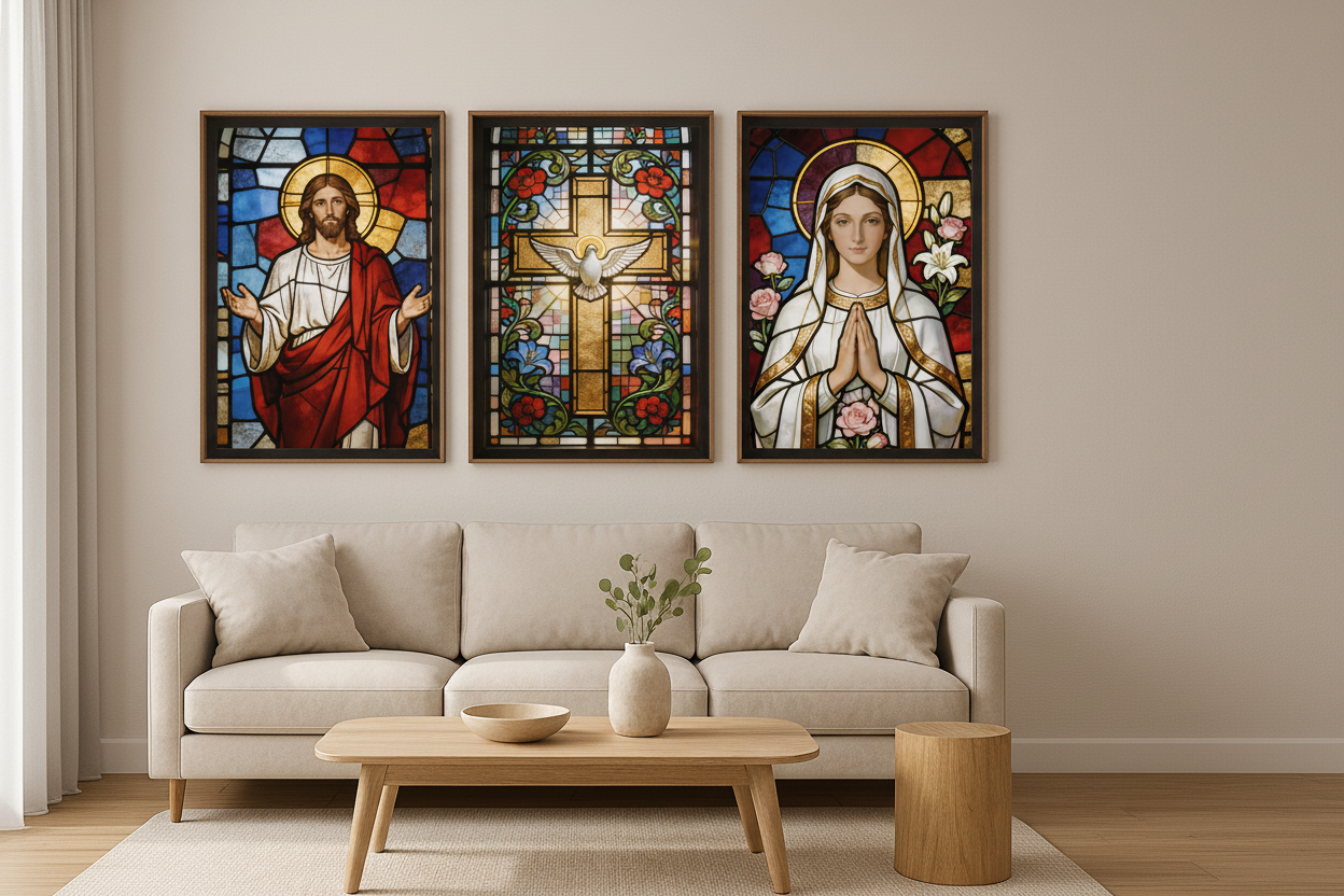Stained glass religious triptych canvas wall art with Jesus cross and Virgin Mary displayed above a beige sofa in a modern Scandinavian living room - Portugal Canvas Co