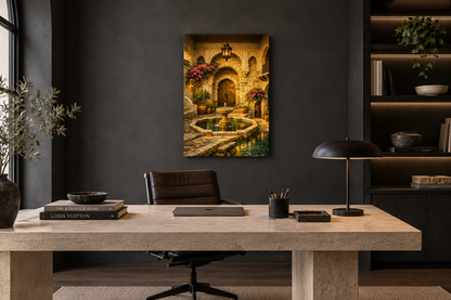 Moorish courtyard fountain canvas against charcoal wall above limestone desk - Portugal Canvas Co