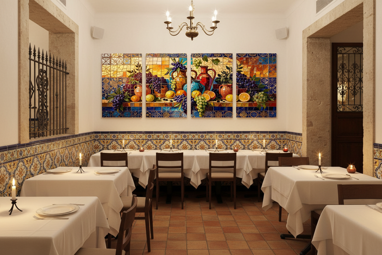 Mediterranean Mosaic Harvest Four-Panel Canvas Wall Art Set displayed in a Lisbon restaurant - Portugal Canvas Co