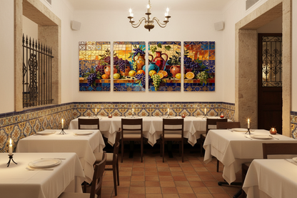 Mediterranean Mosaic Harvest Four-Panel Canvas Wall Art Set displayed in a Lisbon restaurant - Portugal Canvas Co