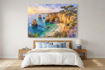 Algarve coastal arch canvas above a bed with white linen and blue cushions - Portugal Canvas Co