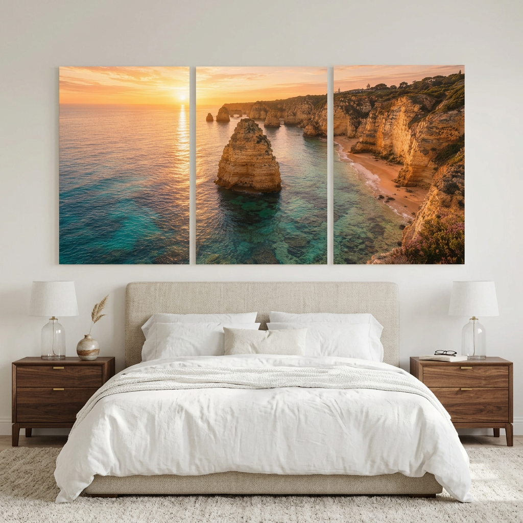 Algarve coastal sunset three-panel canvas above an upholstered bed in a neutral bedroom - Portugal Canvas Co