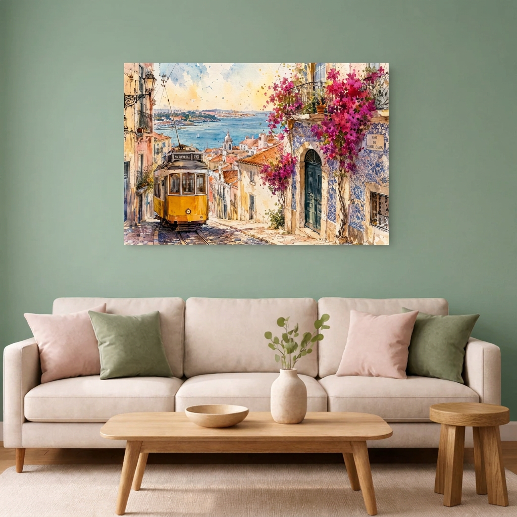 Lisbon yellow tram watercolour canvas in a sage green living room - Portugal Canvas Co