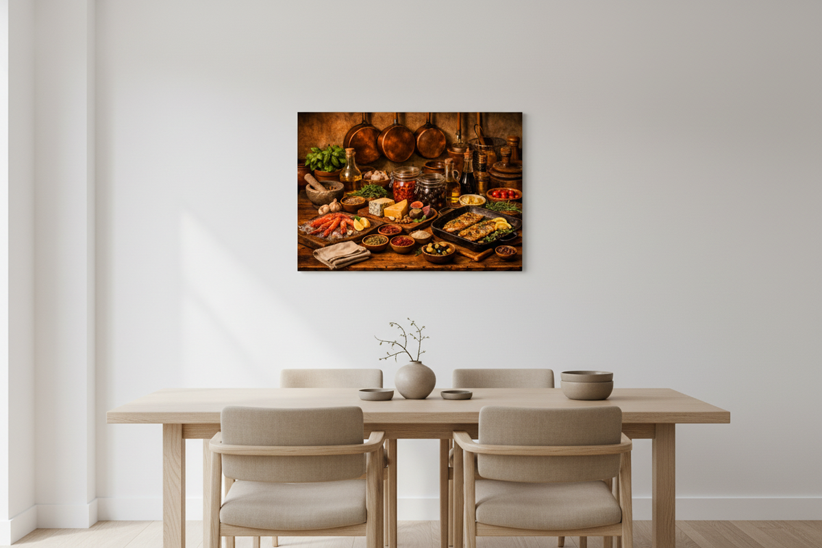 Mediterranean seafood and fish still life canvas wall art in bright Scandinavian dining room with white walls and light oak table - Portugal Canvas Co
