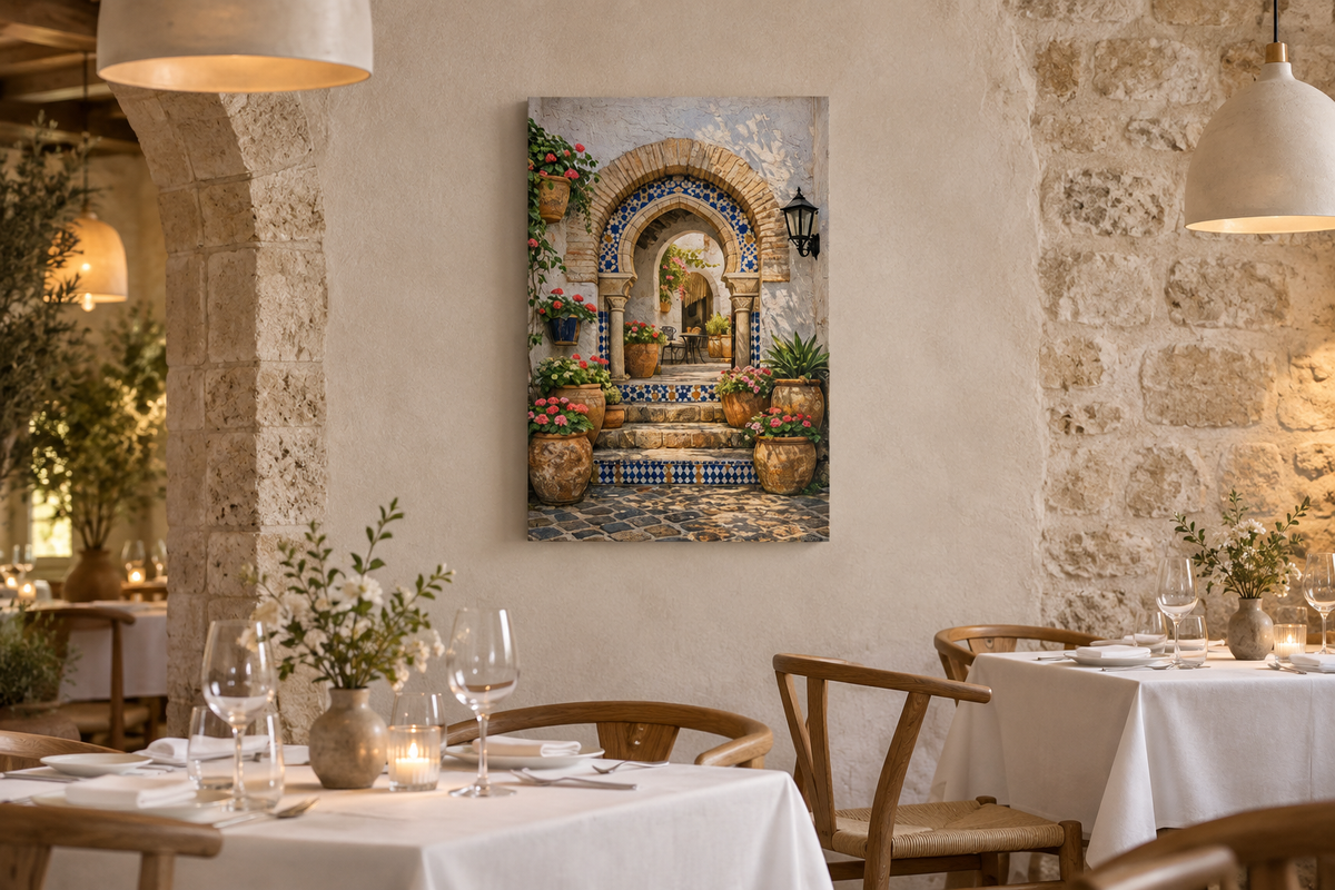 Blue mosaic archway canvas in an upmarket restaurant dining room with white linen tables - Portugal Canvas Co