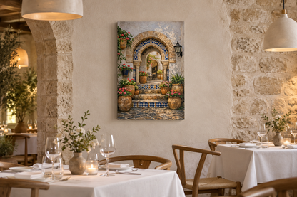 Blue mosaic archway canvas in an upmarket restaurant dining room with white linen tables - Portugal Canvas Co