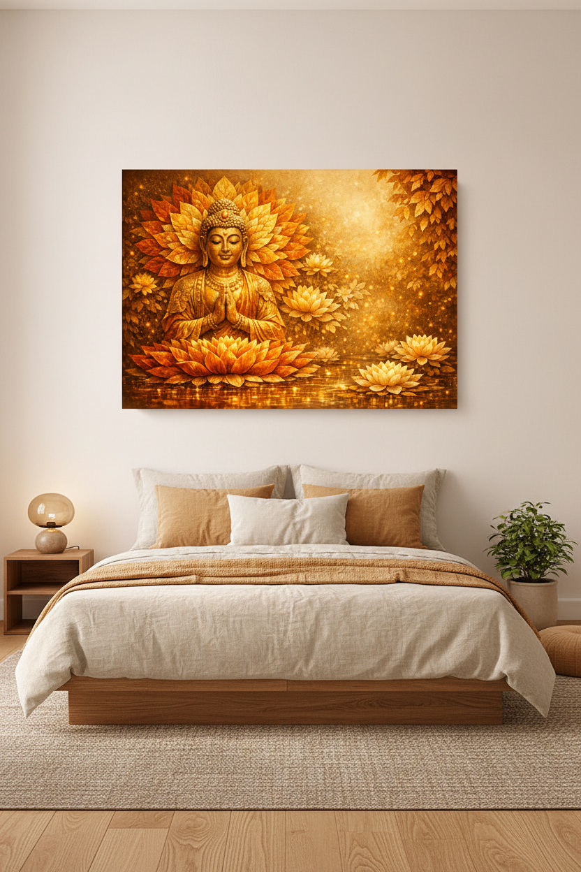 Golden lotus Buddha radiant meditation canvas wall art above a Japanese-style platform bed in a serene minimalist bedroom with warm amber light - Portugal Canvas Co