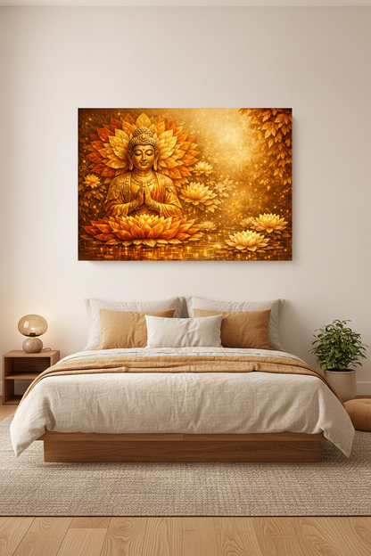 Golden lotus Buddha radiant meditation canvas wall art above a Japanese-style platform bed in a serene minimalist bedroom with warm amber light - Portugal Canvas Co