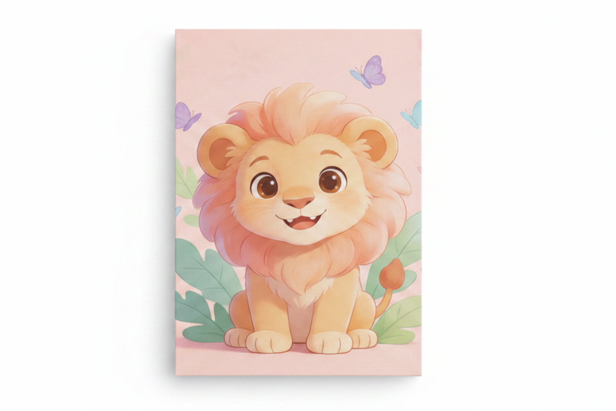 Cute lion canvas print flat lay on white background, top-down overhead view, no frame - Portugal Canvas Co