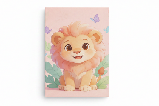 Cute lion canvas print flat lay on white background, top-down overhead view, no frame - Portugal Canvas Co