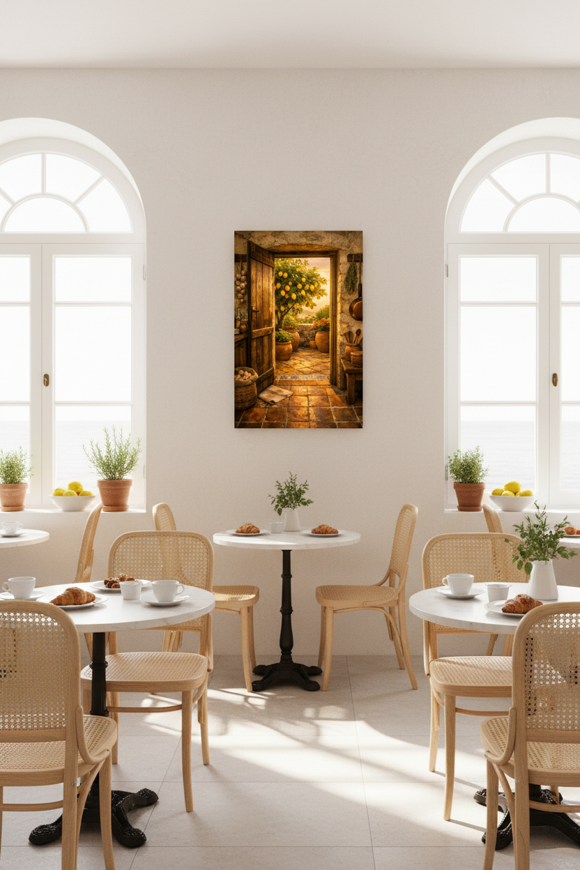 Mediterranean rustic open door lemon tree canvas wall art displayed in a bright Mediterranean café interior - Portugal Canvas Co