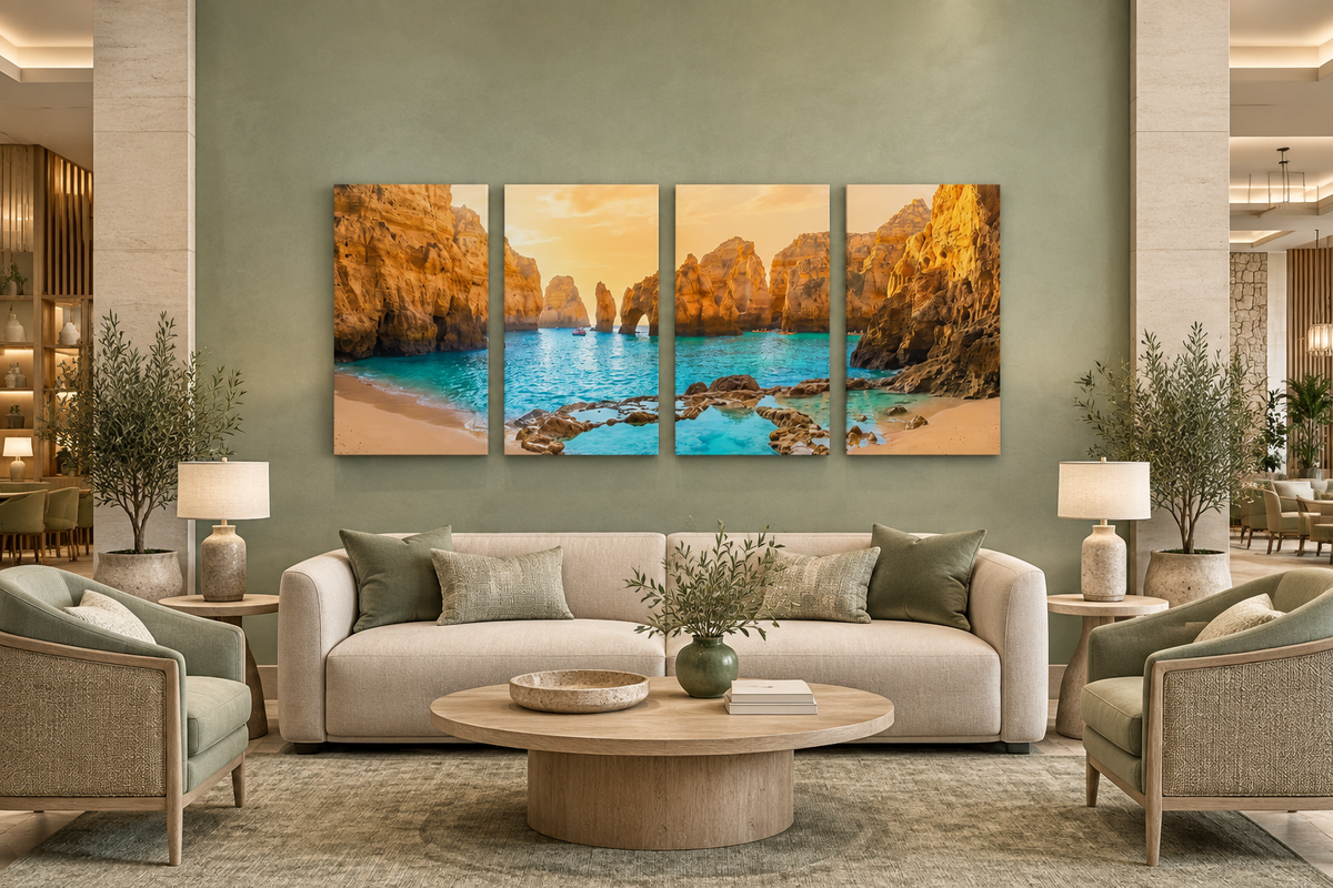 Four-panel Ponta da Piedade canvas above an ivory sofa in a sage and limestone five-star hotel lounge - Portugal Canvas Co