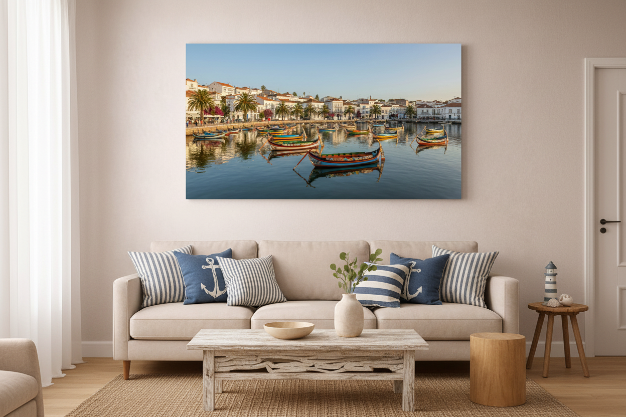 Traditional Portuguese fishing boats colourful harbour canvas wall art displayed in a stylish coastal living room - Portugal Canvas Co