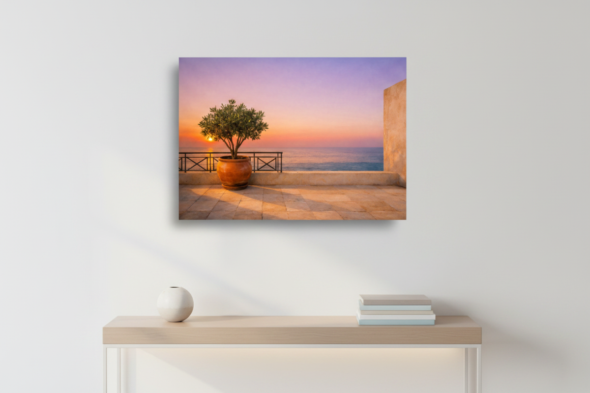 Mediterranean terrace at sunset canvas print displayed above a hallway console table with ceramic vase - Portugal Canvas Co