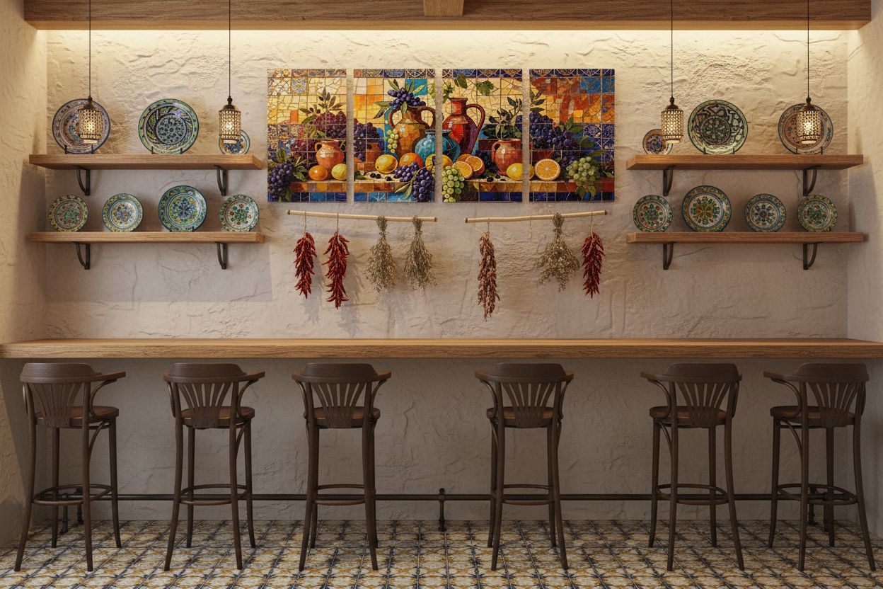 Mediterranean Mosaic Harvest Four-Panel Canvas Wall Art Set displayed in a Mediterranean tapas bar - Portugal Canvas Co