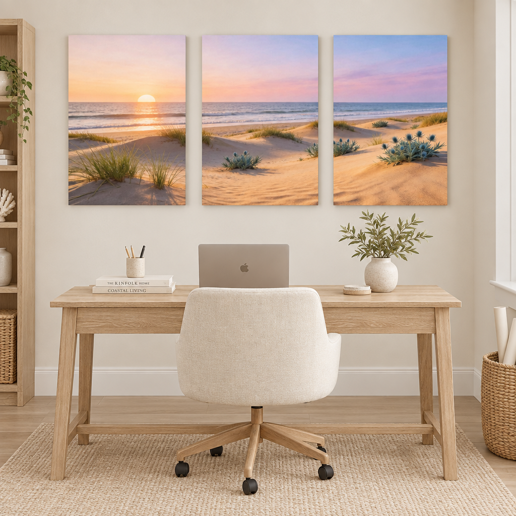 Three-panel beach sunset canvas art with dunes and sea above a light oak home office desk - Portugal Canvas Co
