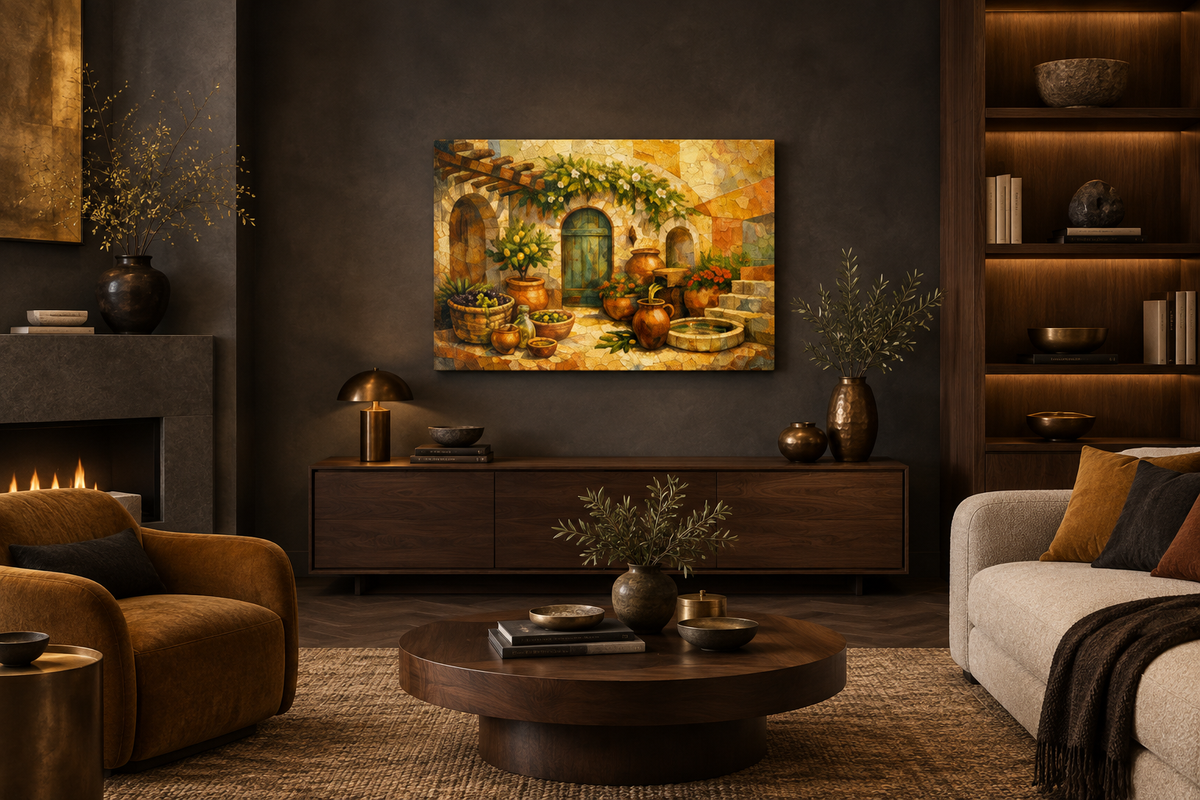 Mediterranean courtyard gallery-wrapped canvas in charcoal and ochre lounge - Portugal Canvas Co