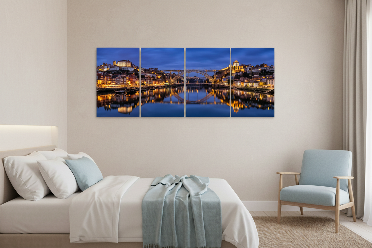 Porto Dom Luís I Bridge at night four-panel canvas wall art in a bedroom - Portugal Canvas Co