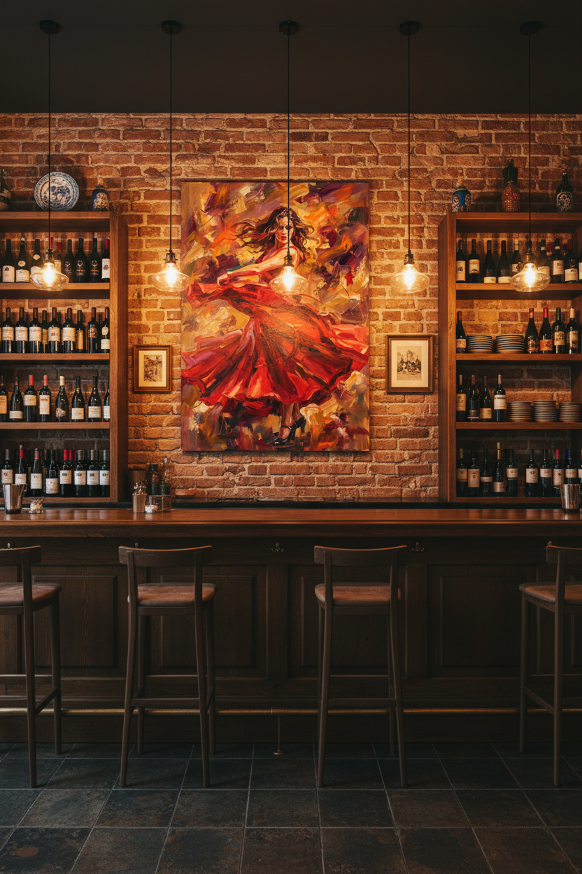 Flamenco dancer in red dress vibrant canvas wall art displayed on exposed brick wall in a stylish tapas bar with warm pendant lighting - Portugal Canvas Co