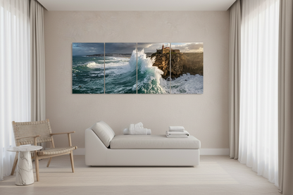 Four-panel coastal lighthouse canvas wall art in a luxury hotel spa lounge - Portugal Canvas Co