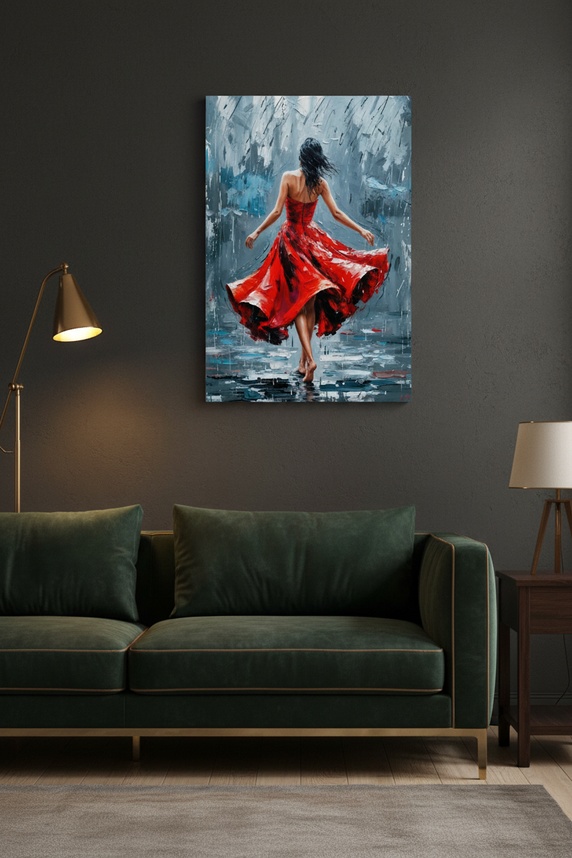 Female flamenco dancer red dress canvas wall art on a charcoal grey wall in a dark moody living room with velvet sofa and brass accents - Portugal Canvas Co