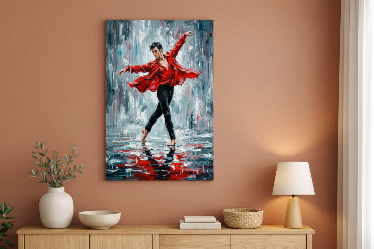 Male flamenco dancer red shirt canvas wall art on a terracotta wall in a cosy Mediterranean living room - Portugal Canvas Co