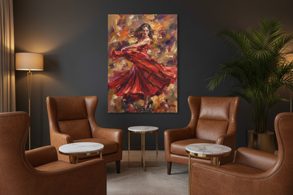 Flamenco dancer in a flowing red dress vibrant canvas wall art in a luxury hotel lounge with leather armchairs and brass accents - Portugal Canvas Co
