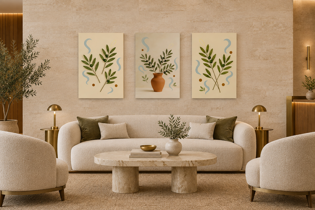Three-piece olive branch canvas set above seating in a boutique hotel lounge - Portugal Canvas Co