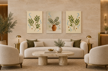 Three-piece olive branch canvas set above seating in a boutique hotel lounge - Portugal Canvas Co