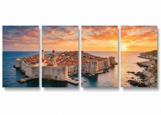 Dubrovnik sunset four-panel canvas wall art on white background - Portugal Canvas Co