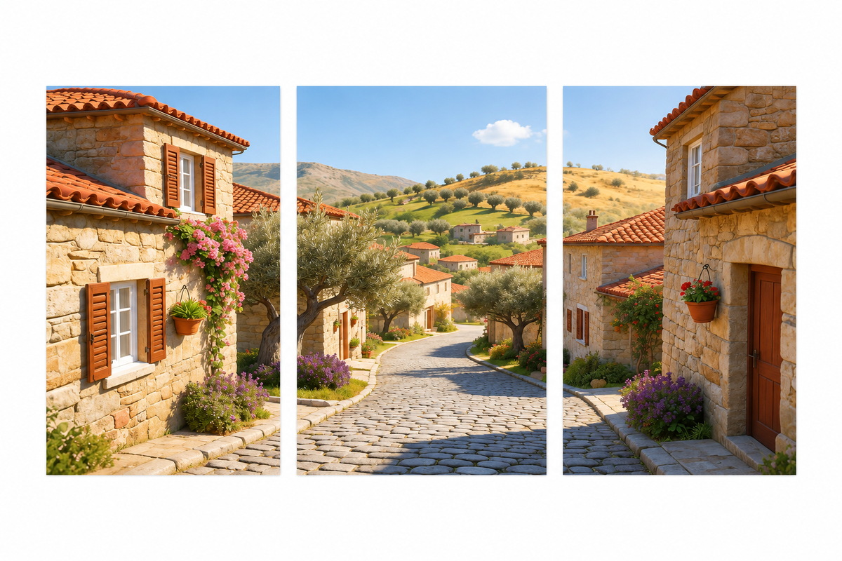 Three-panel sunlit stone village canvas triptych flat on pure white, showing cobbled lane and terracotta roofs - Portugal Canvas Co