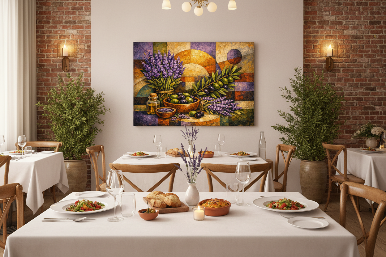 Lavender and olives cubist still life canvas wall art displayed in an upscale restaurant dining room - Portugal Canvas Co