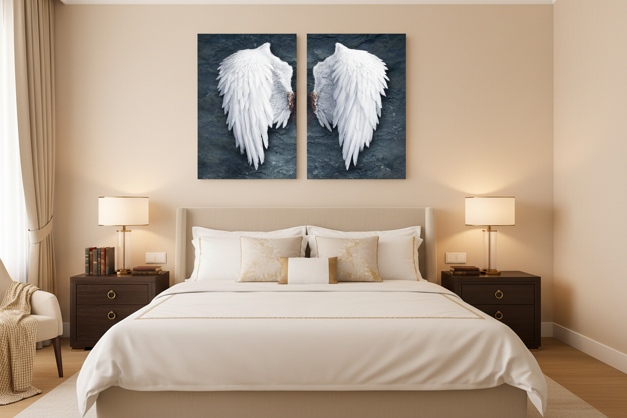 White angel wings diptych canvas wall art displayed above the bed in a luxurious bedroom with upholstered bed and gold accent pillows - Portugal Canvas Co