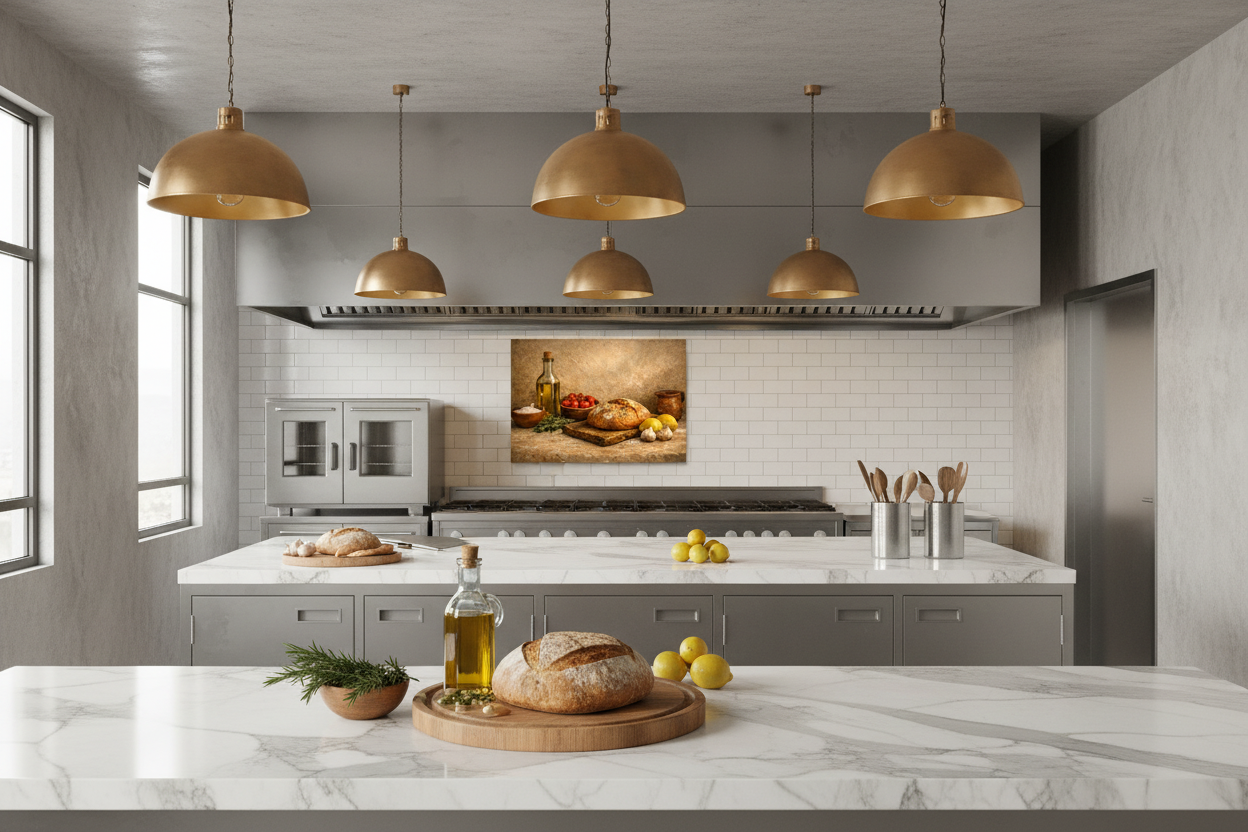 Rustic Mediterranean kitchen wall art canvas displayed in a modern commercial kitchen interior - Portugal Canvas Co