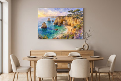 Algarve coastal arch canvas in a contemporary dining room with oak furniture - Portugal Canvas Co
