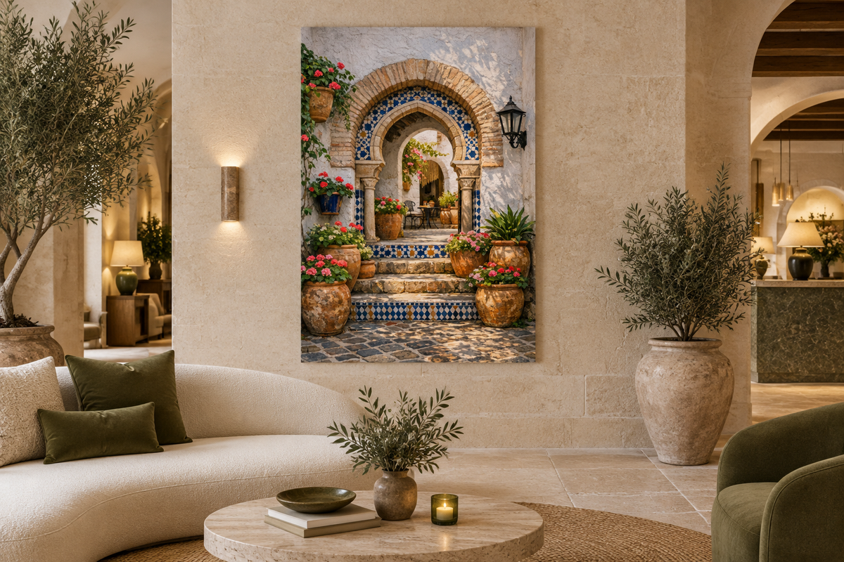 Sharp portrait canvas of a Moorish blue-tiled archway in a limestone boutique hotel lounge - Portugal Canvas Co
