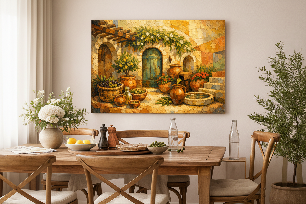 Mediterranean courtyard still life canvas wall art displayed in a bright modern dining room interior - Portugal Canvas Co