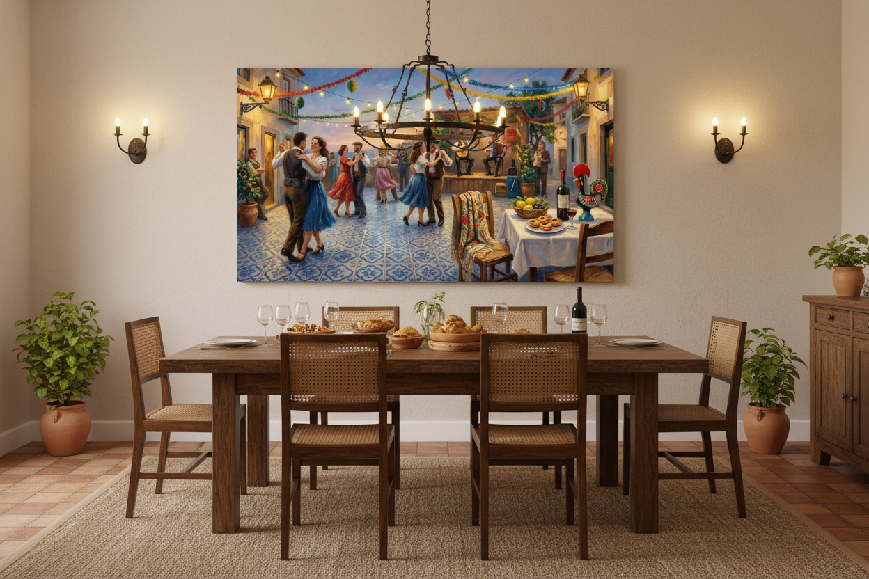 Portuguese festa dancing couples canvas wall art displayed in a warm rustic dining room interior - Portugal Canvas Co