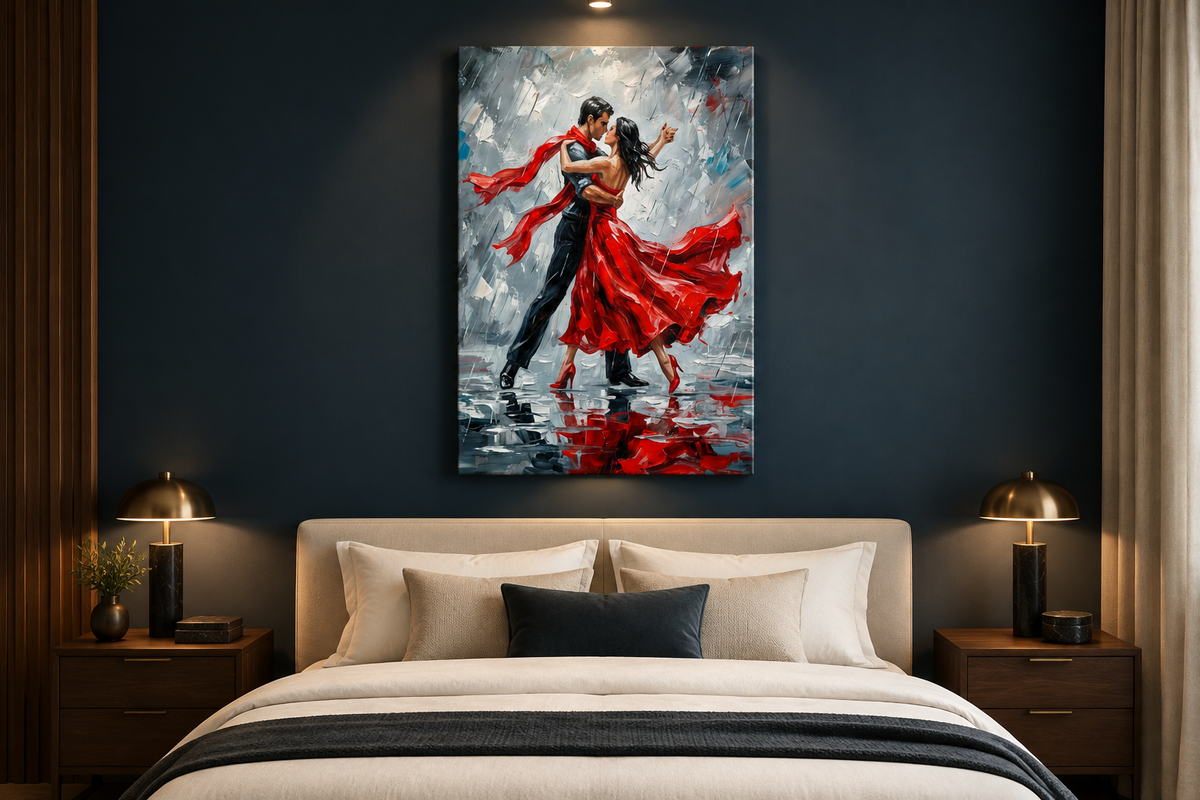 Red dress tango couple portrait canvas displayed in a dramatic modern bedroom - Portugal Canvas Co