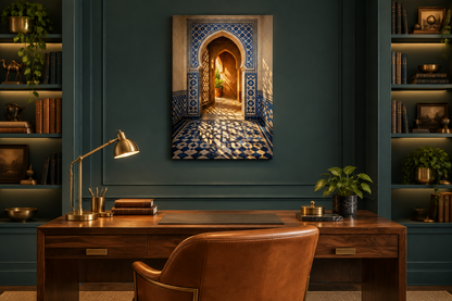 Moroccan archway with blue tile shadows canvas displayed in a teal and walnut study - Portugal Canvas Co