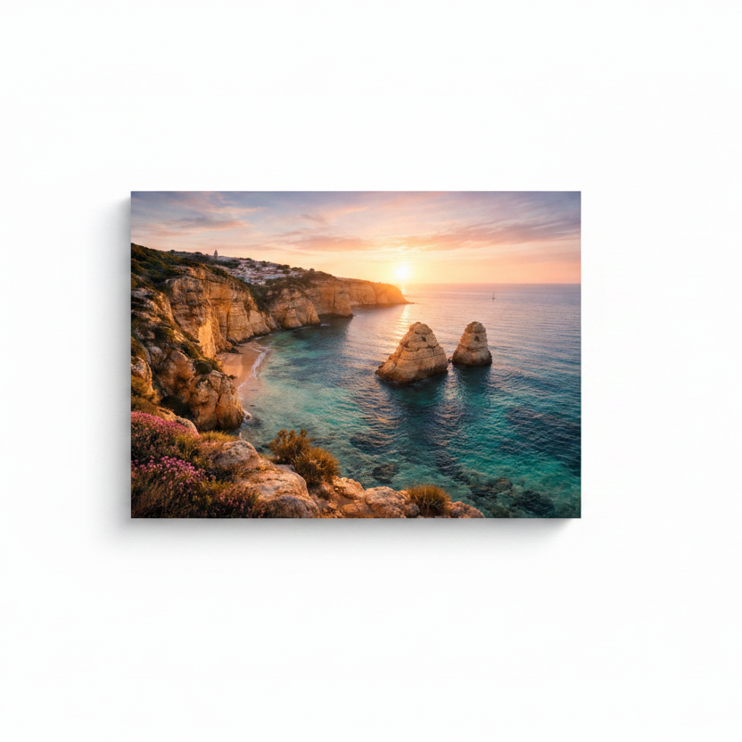 Algarve Praia da Marinha golden cliffs turquoise cove twin rock stacks and wildflowers at sunset canvas wall art on white background - Portugal Canvas Co
